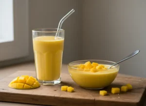 Two servings of creamy Mango Pineapple Smoothie, one as a drink and one as a smoothie bowl with toppings.