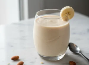 Close-up of a refreshing Vanilla Protein Smoothie in a glass, with a frozen banana slice on the rim.