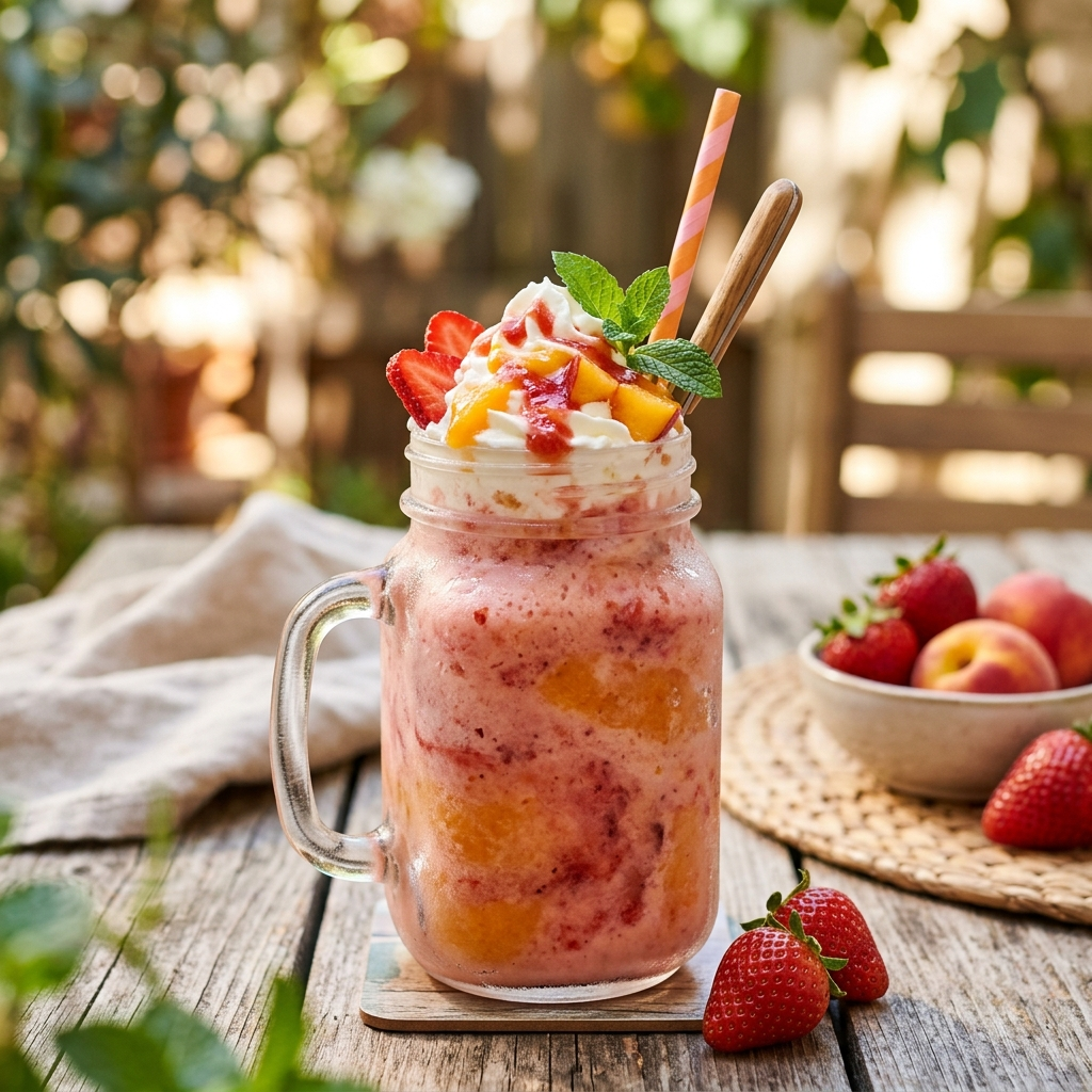 Refreshing Ice Strawberry Peach Cream Smoothie