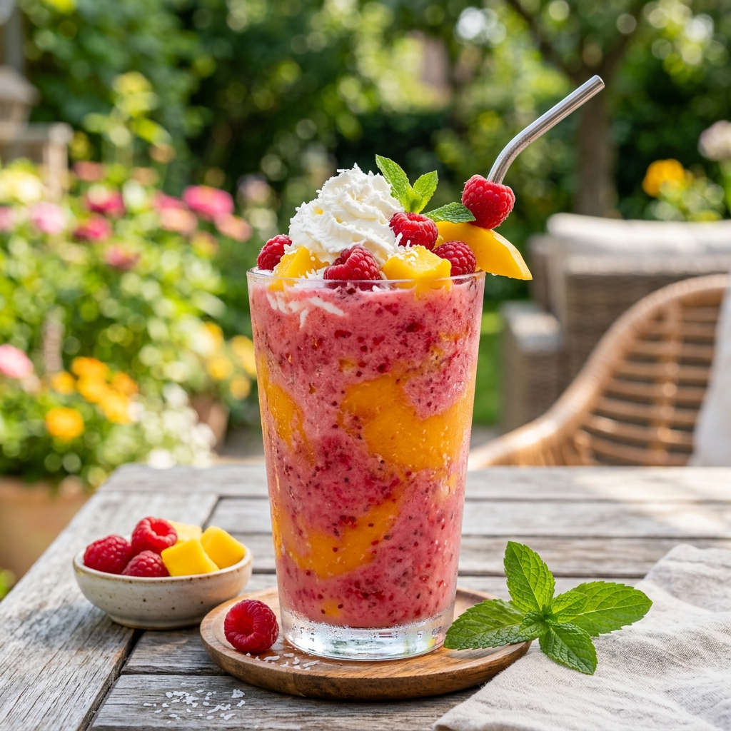 Refreshing Ice Raspberry Mango Cream Smoothie: A Tropical Escape