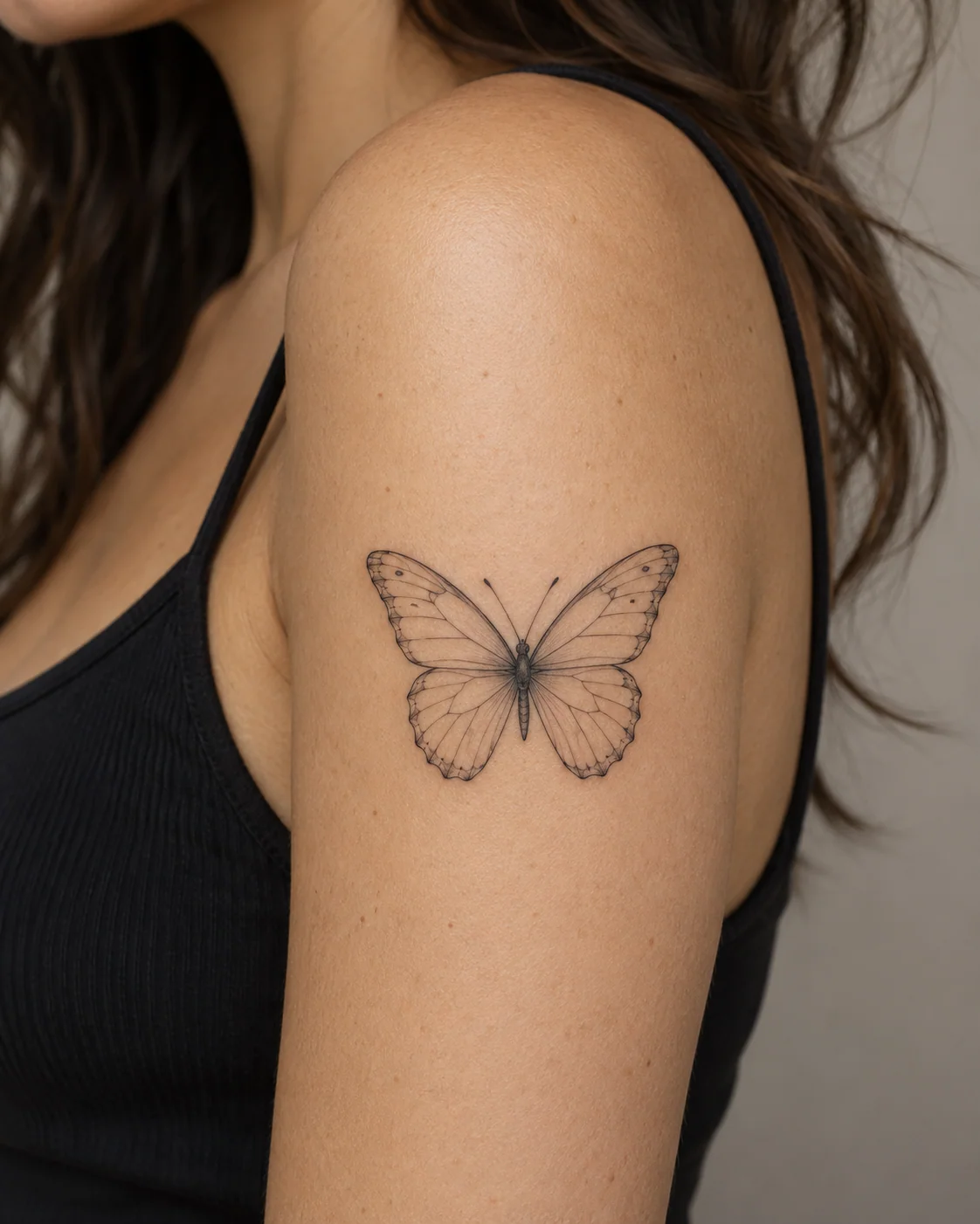 Open-Wing Butterfly fine line tattoo concept on the outer upper arm