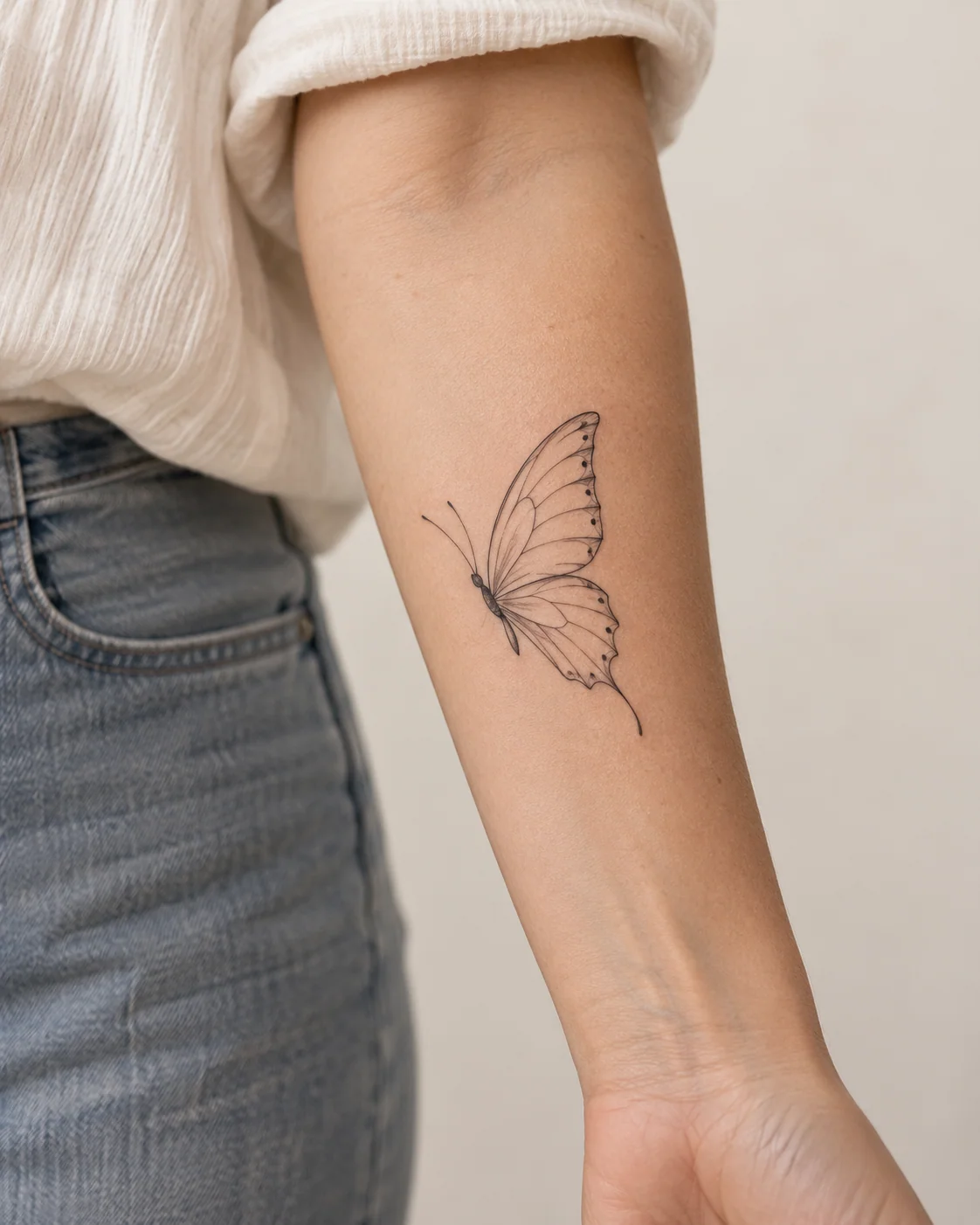 Side-Profile Butterfly fine line tattoo concept on the inner forearm