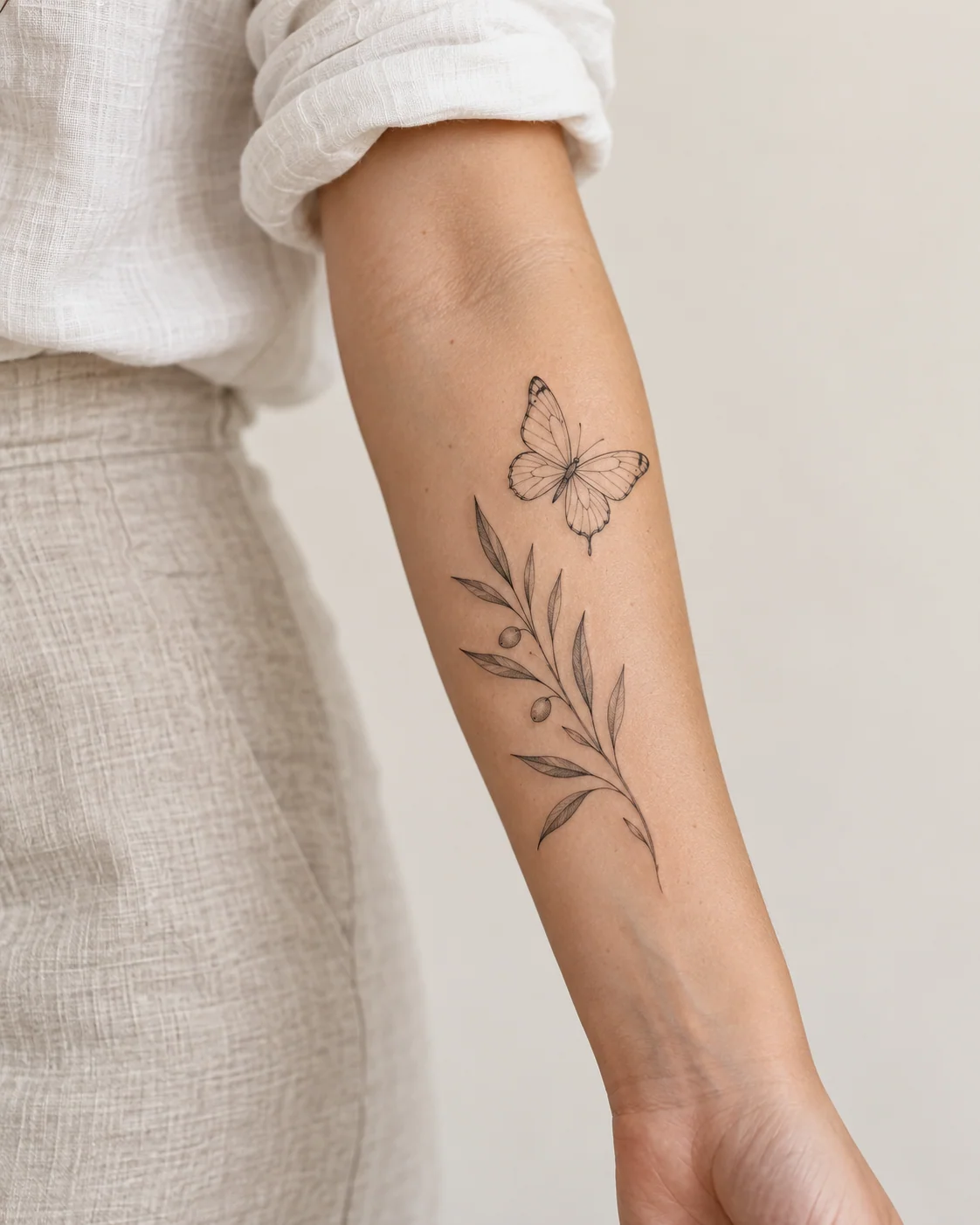 Butterfly and Olive Sprig fine line tattoo concept on the outer forearm