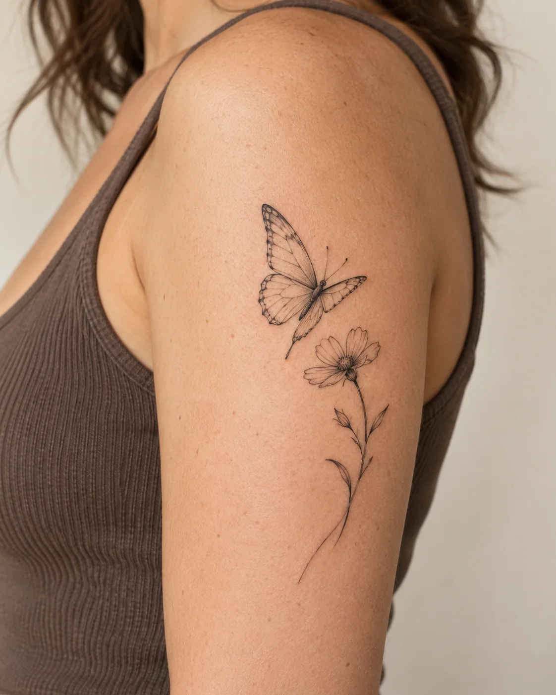 Butterfly with a Wildflower Stem fine line tattoo concept on the outer upper arm