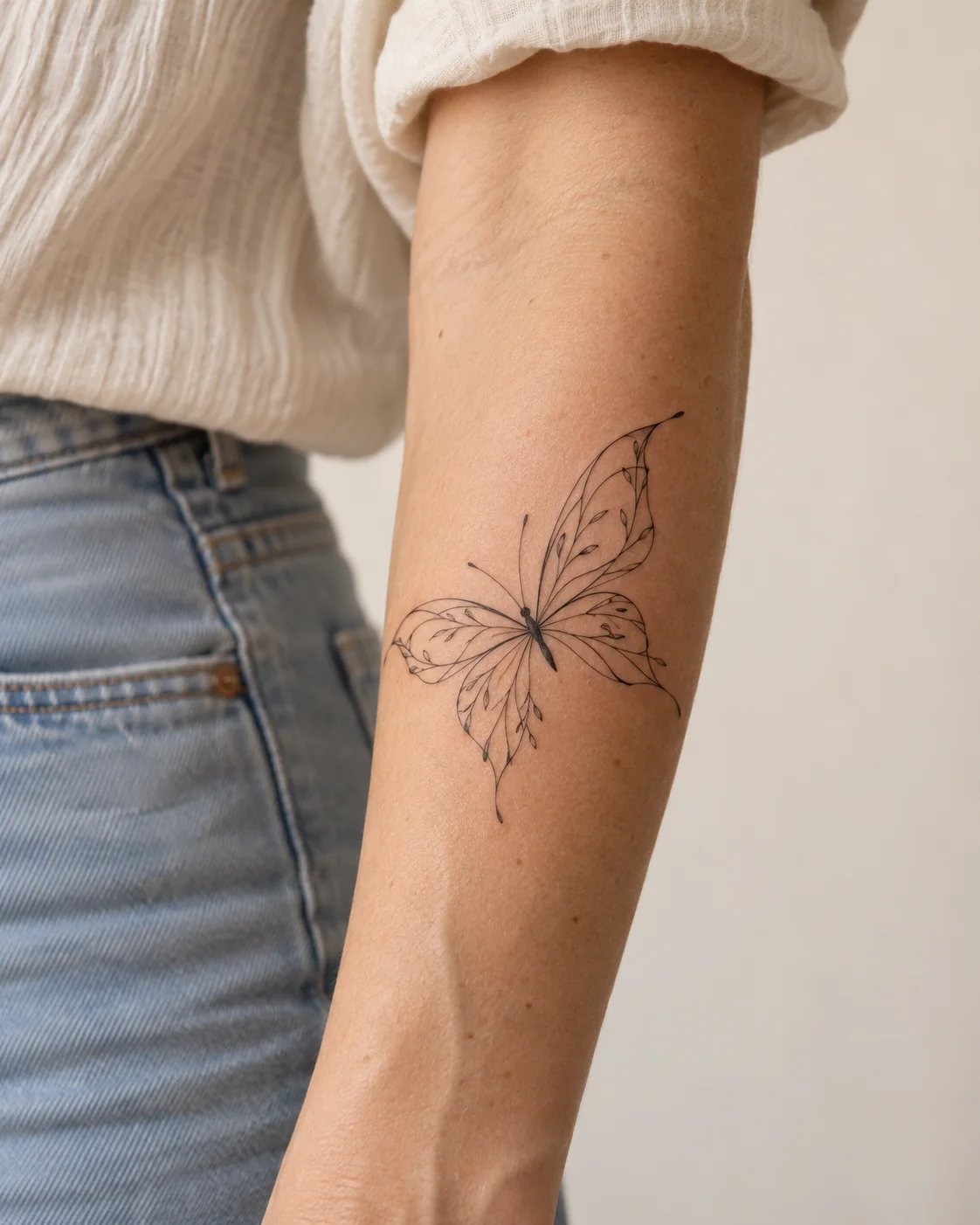 Fine-Vein Butterfly fine line tattoo concept on the outer forearm