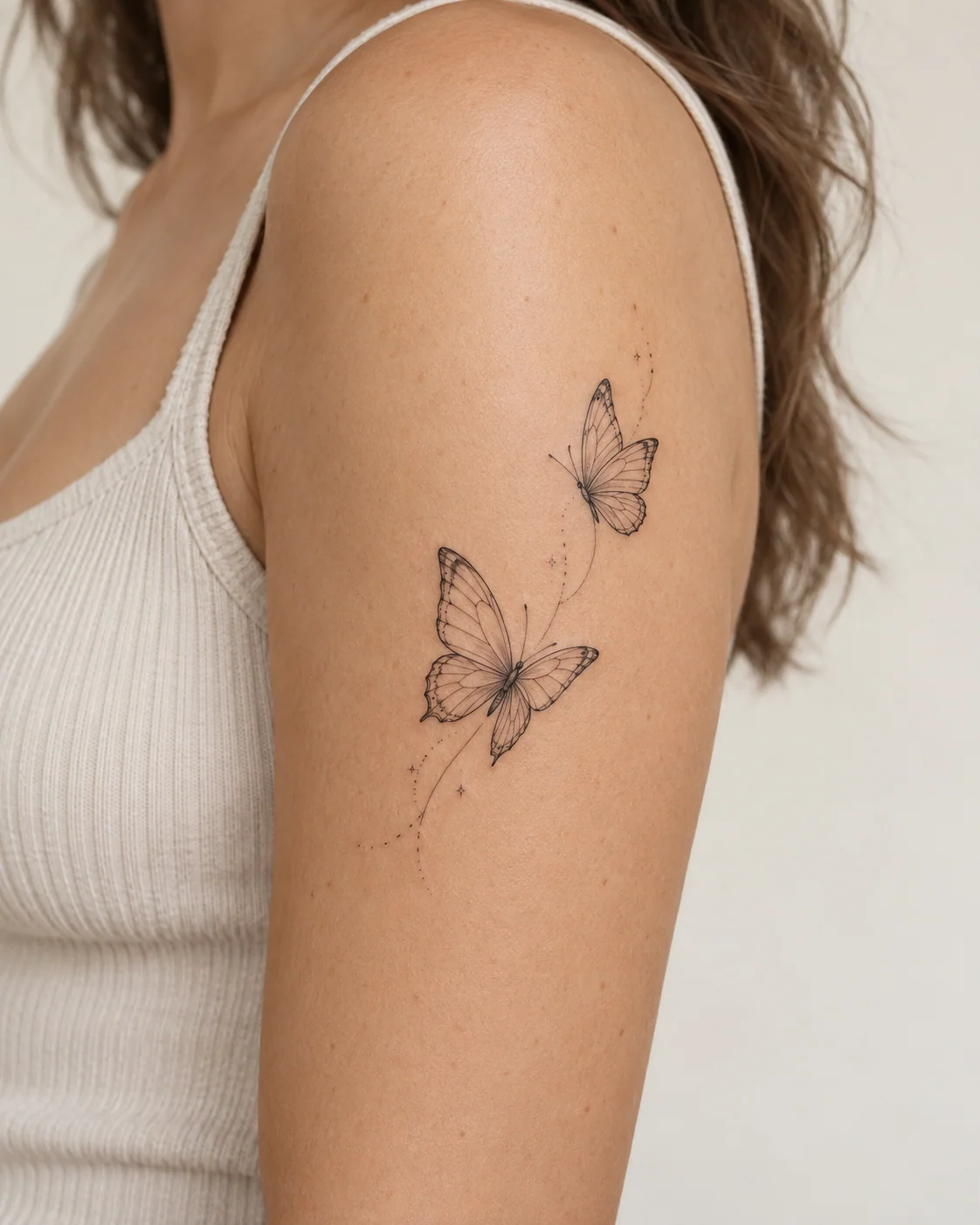 Two Butterflies in Ascent fine line tattoo concept on the outer upper arm