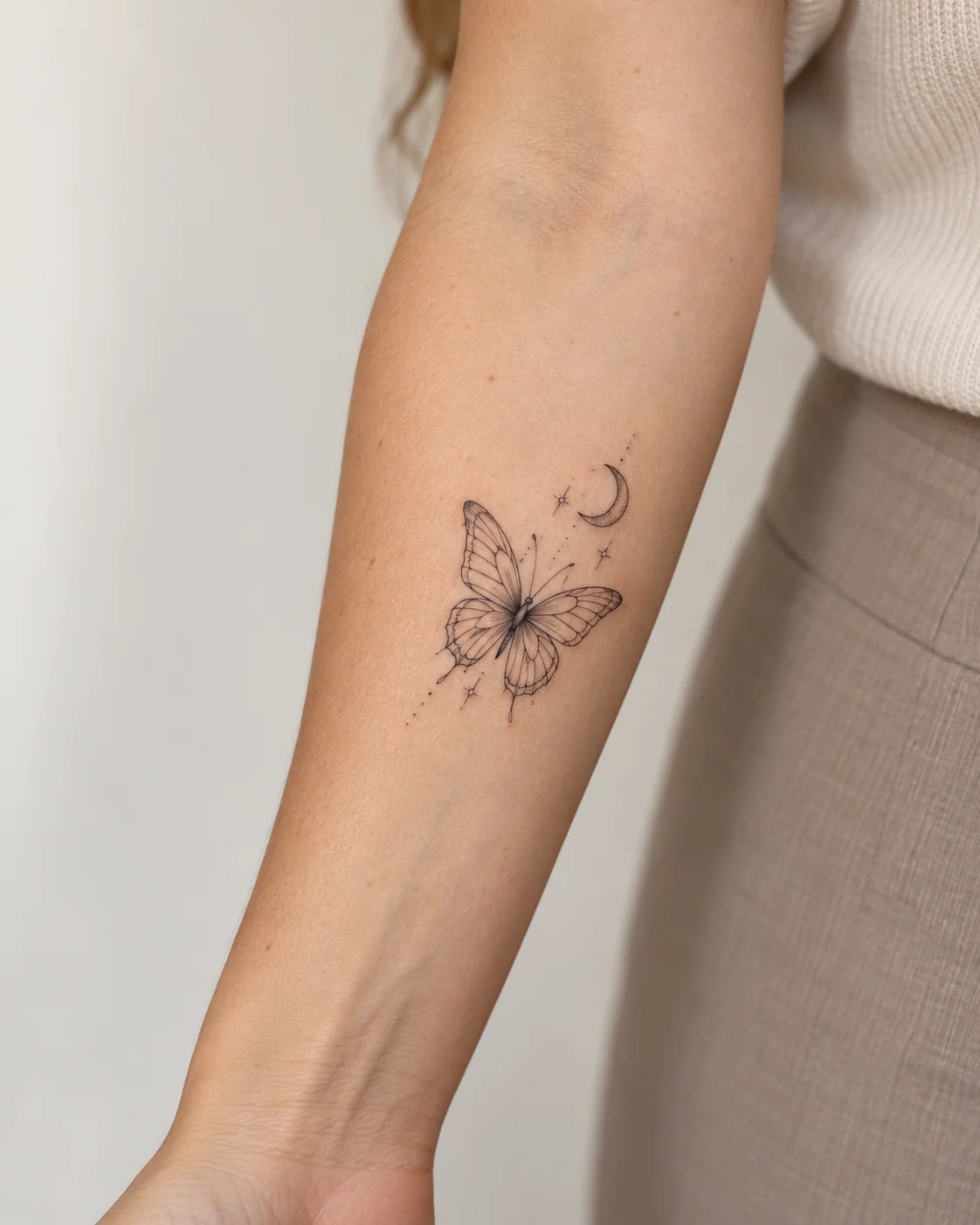 Butterfly with a Crescent Accent fine line tattoo concept on the inner forearm