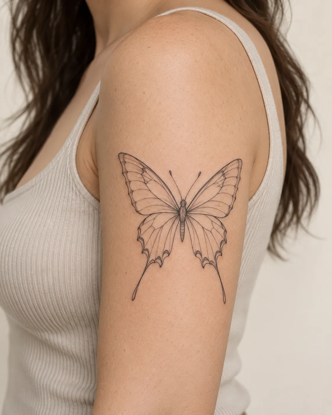 Long-Tailed Swallowtail Outline fine line tattoo concept on the outer upper arm