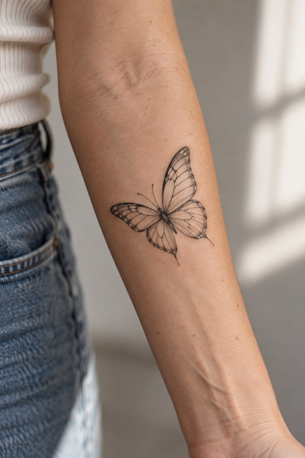 Fine-line butterfly tattoo in flight on the forearm.
