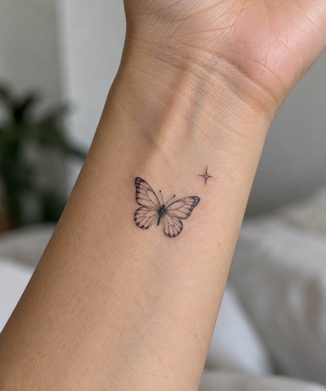 Small butterfly and star tattoo on the inner wrist.