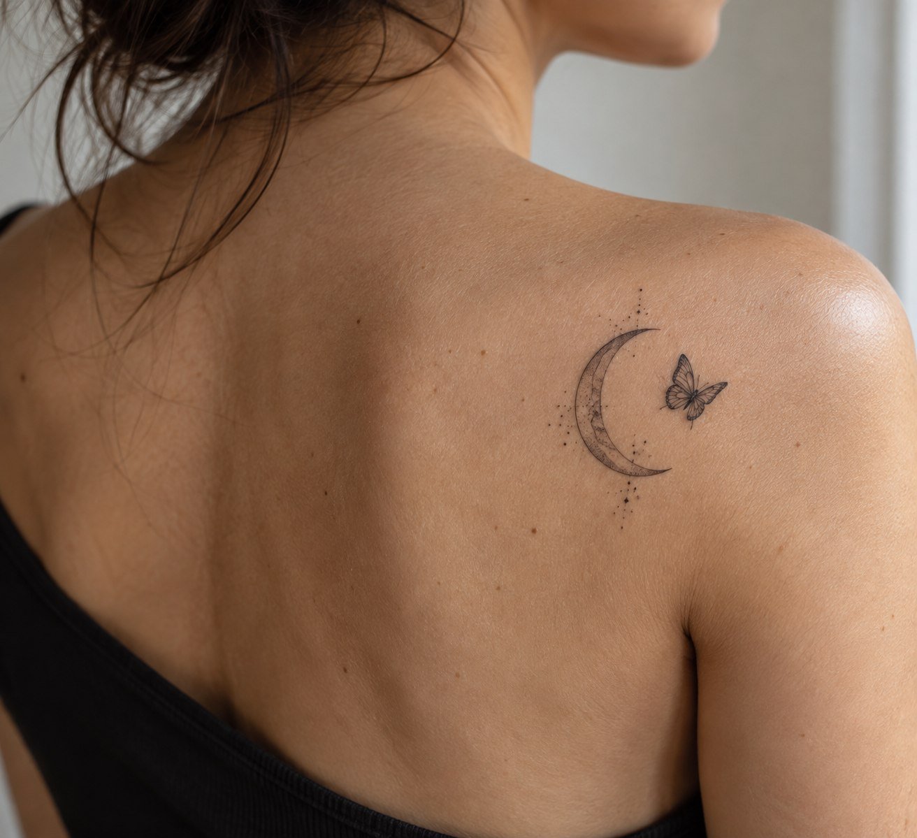 Crescent moon and butterfly tattoo in fine-line black ink.