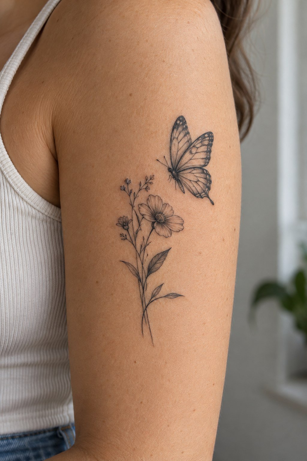 Butterfly hovering above a wildflower tattoo on the arm.