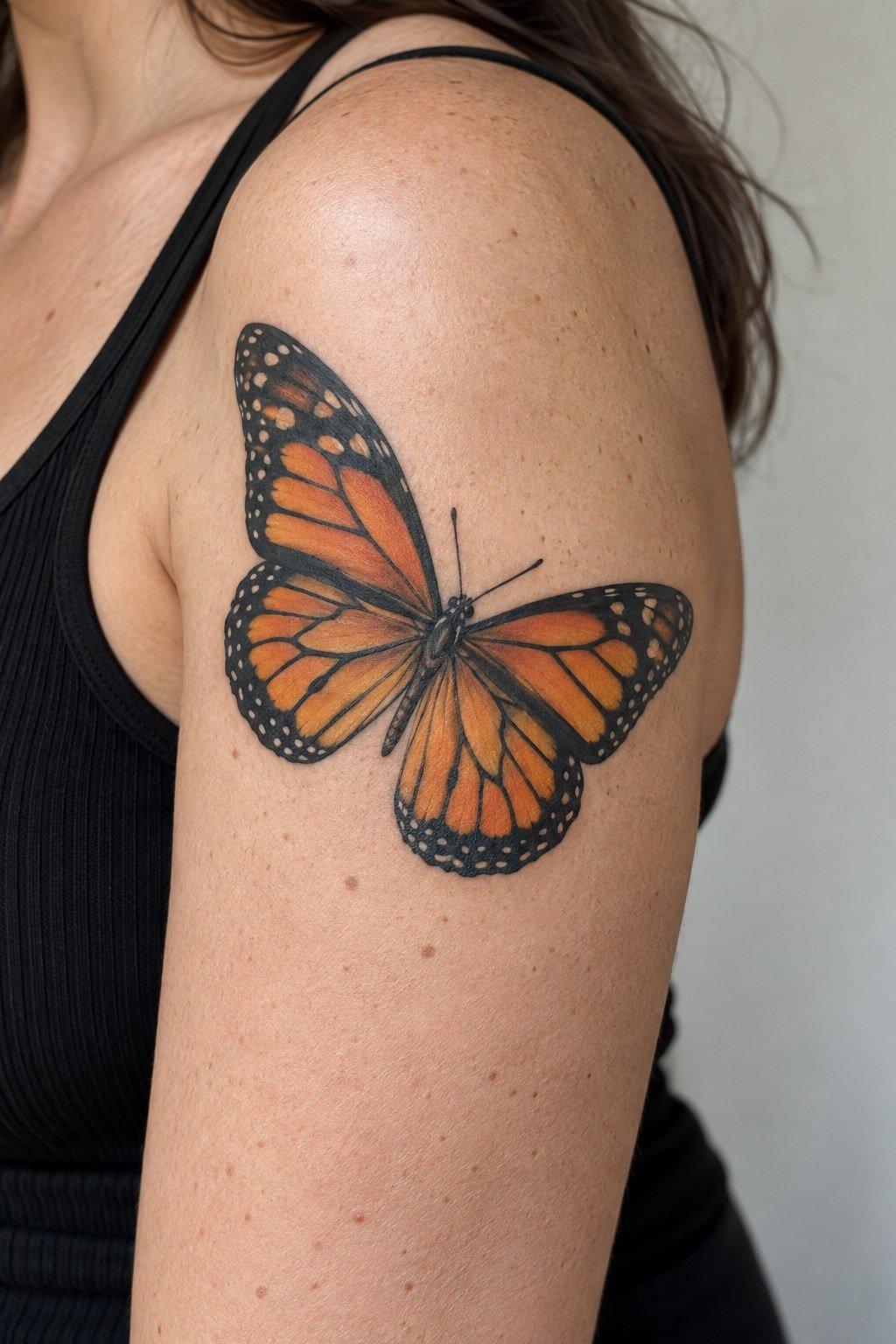 Orange and black monarch-inspired butterfly tattoo on the upper arm.