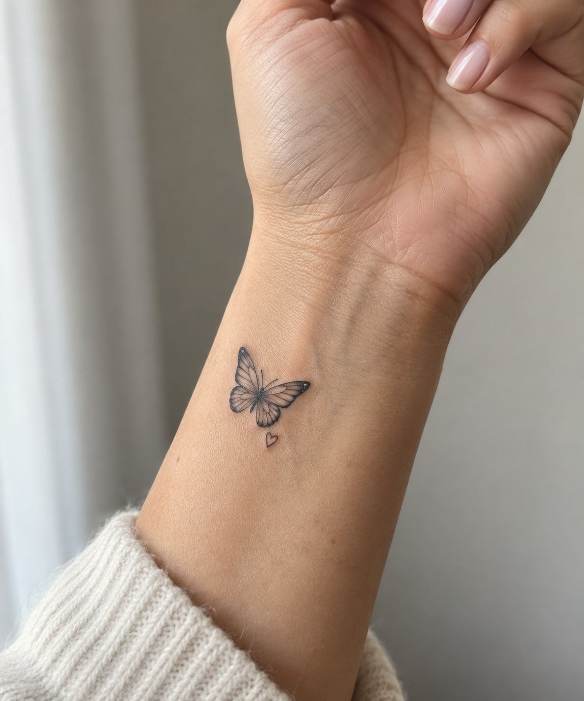 Petite butterfly tattoo with a tiny heart on the wrist.