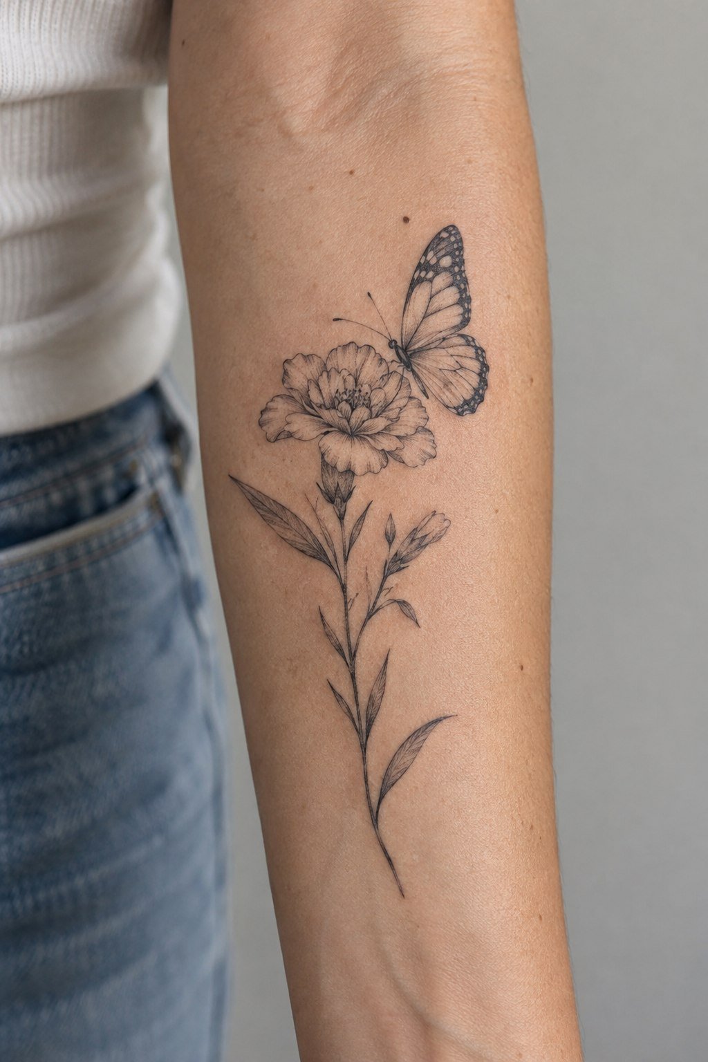 Butterfly and birth flower tattoo with fine-line botanical detail.