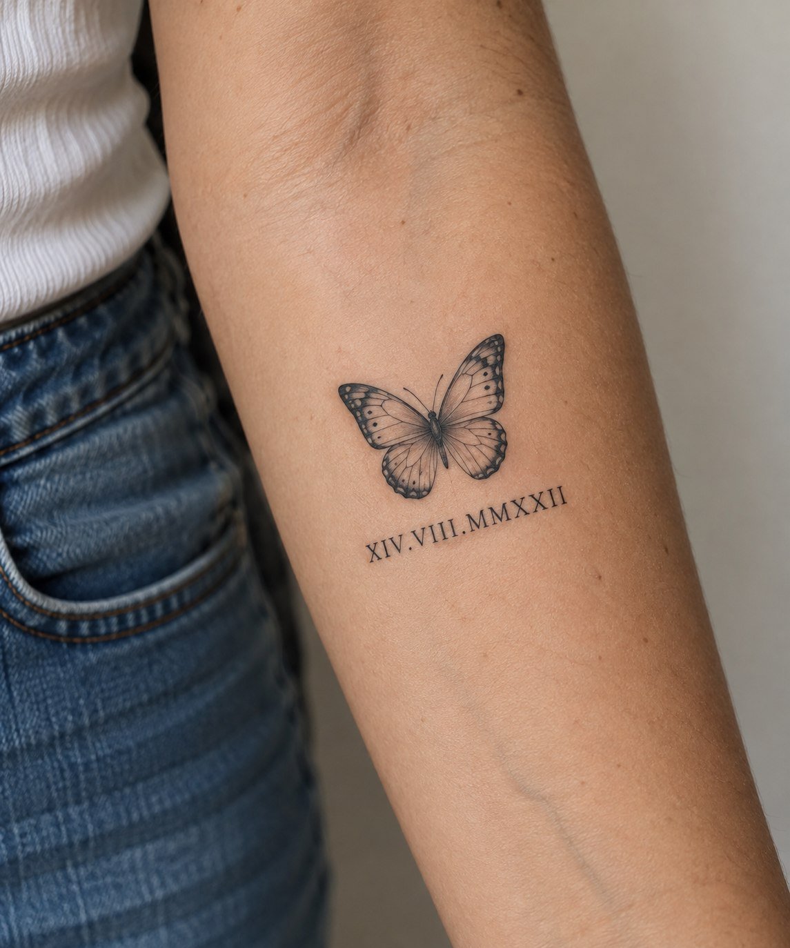Small butterfly tattoo above a Roman numeral date.