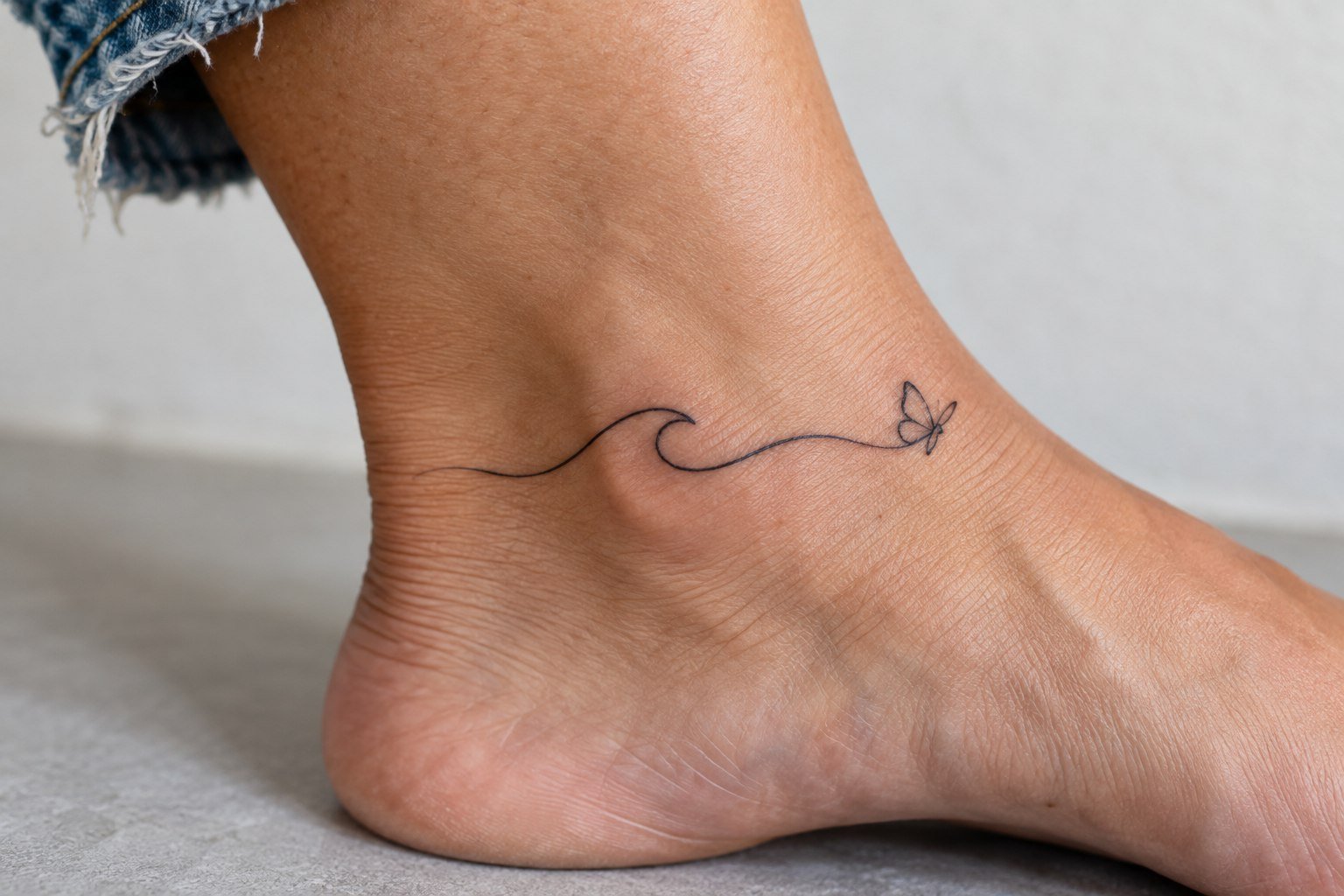 Minimal butterfly and fine-line wave tattoo on the ankle.