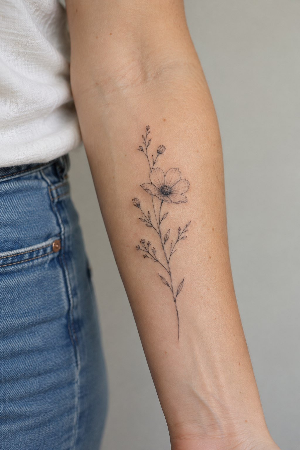 Minimal fine-line wildflower tattoo on the inner forearm.