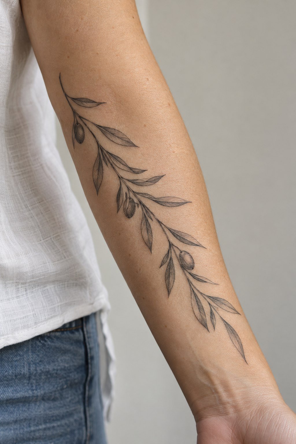 Delicate olive branch tattoo along the forearm.