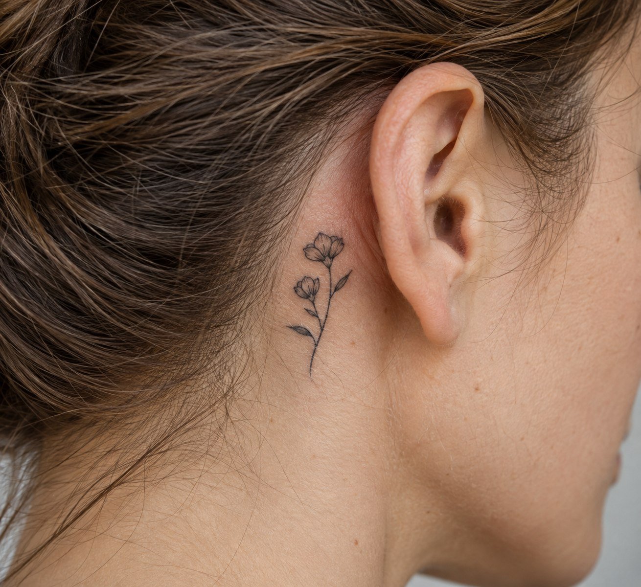 Small fine-line flower tattoo behind the ear.