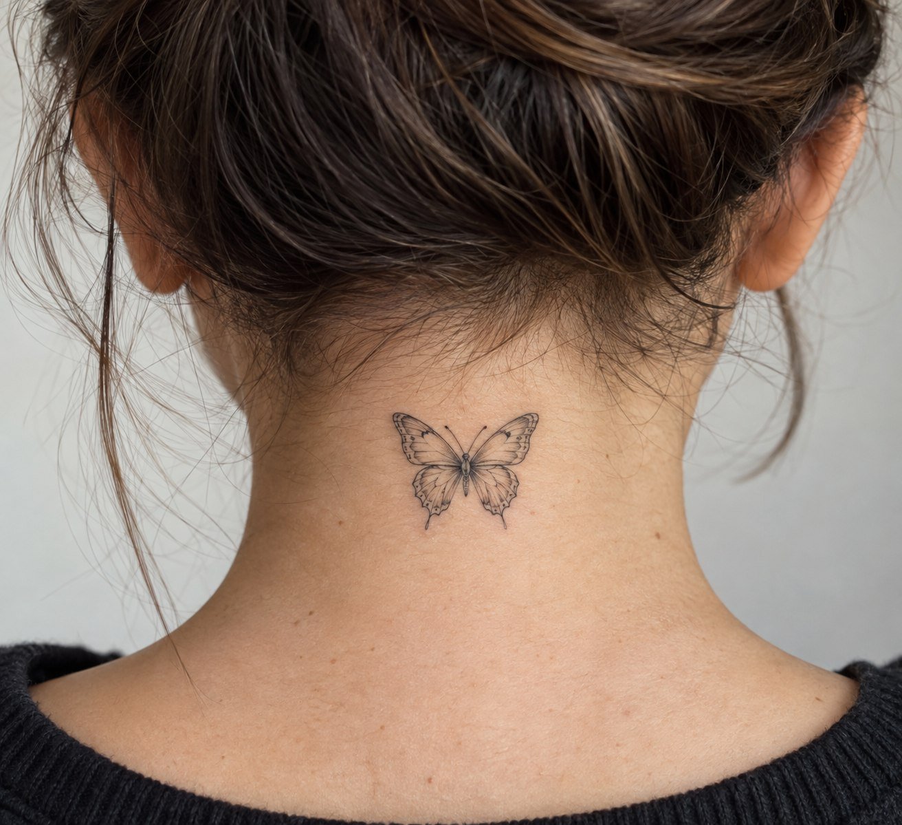 Delicate butterfly tattoo centered at the nape.