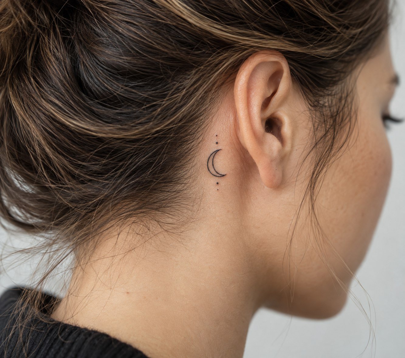 Tiny crescent moon tattoo behind the ear.