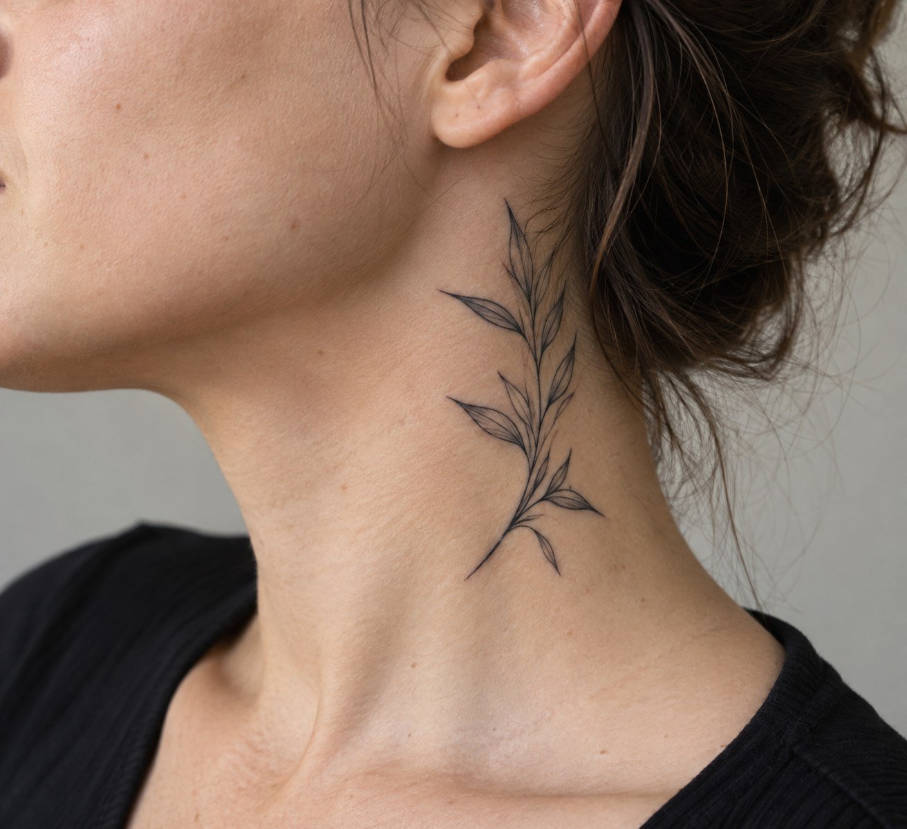 Fine-line leaf sprig tattoo along the side of the neck.