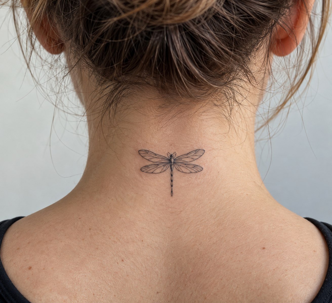 Delicate dragonfly tattoo centered at the nape.