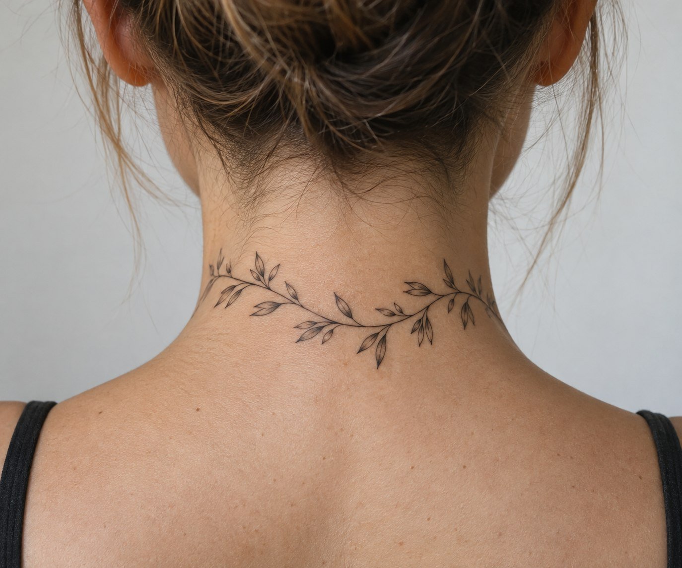 Fine-line botanical branch tattoo across the nape.
