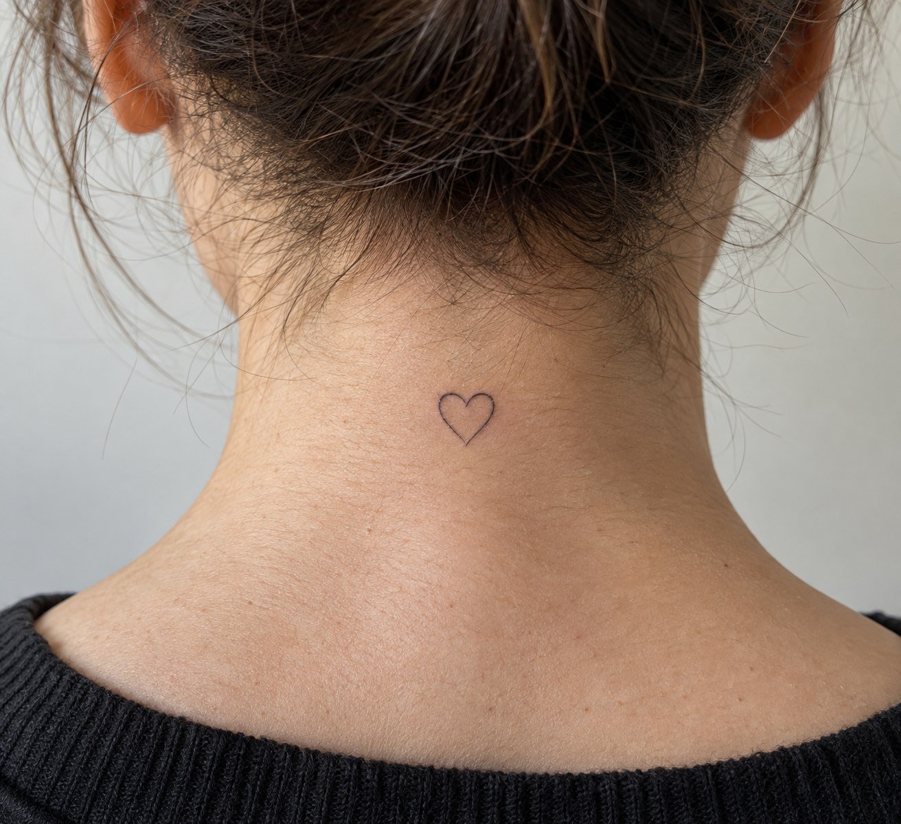 Delicate outline heart tattoo at the nape.