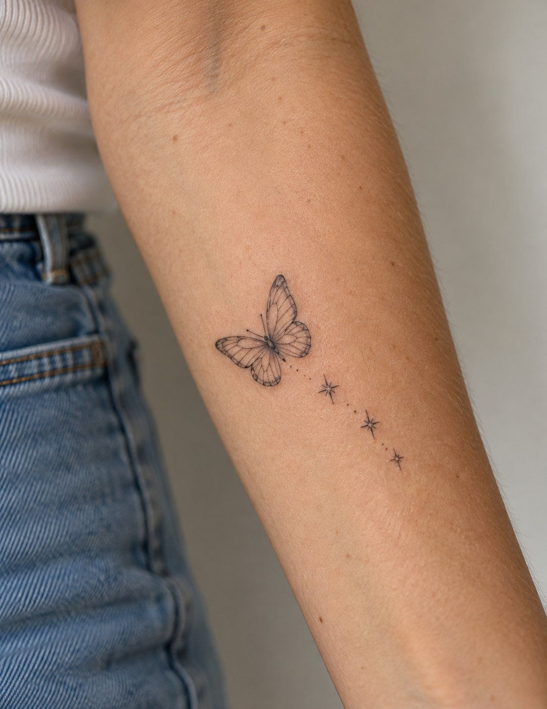 Fine-line butterfly tattoo with tiny stars on the forearm.