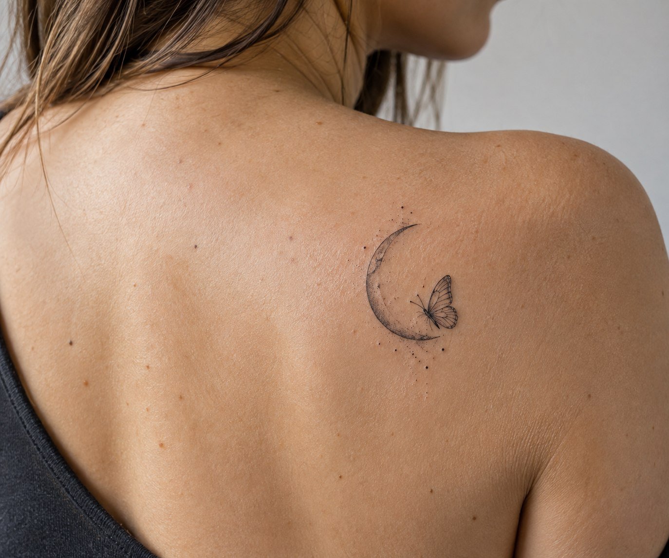 Small butterfly and crescent moon tattoo on the shoulder blade.