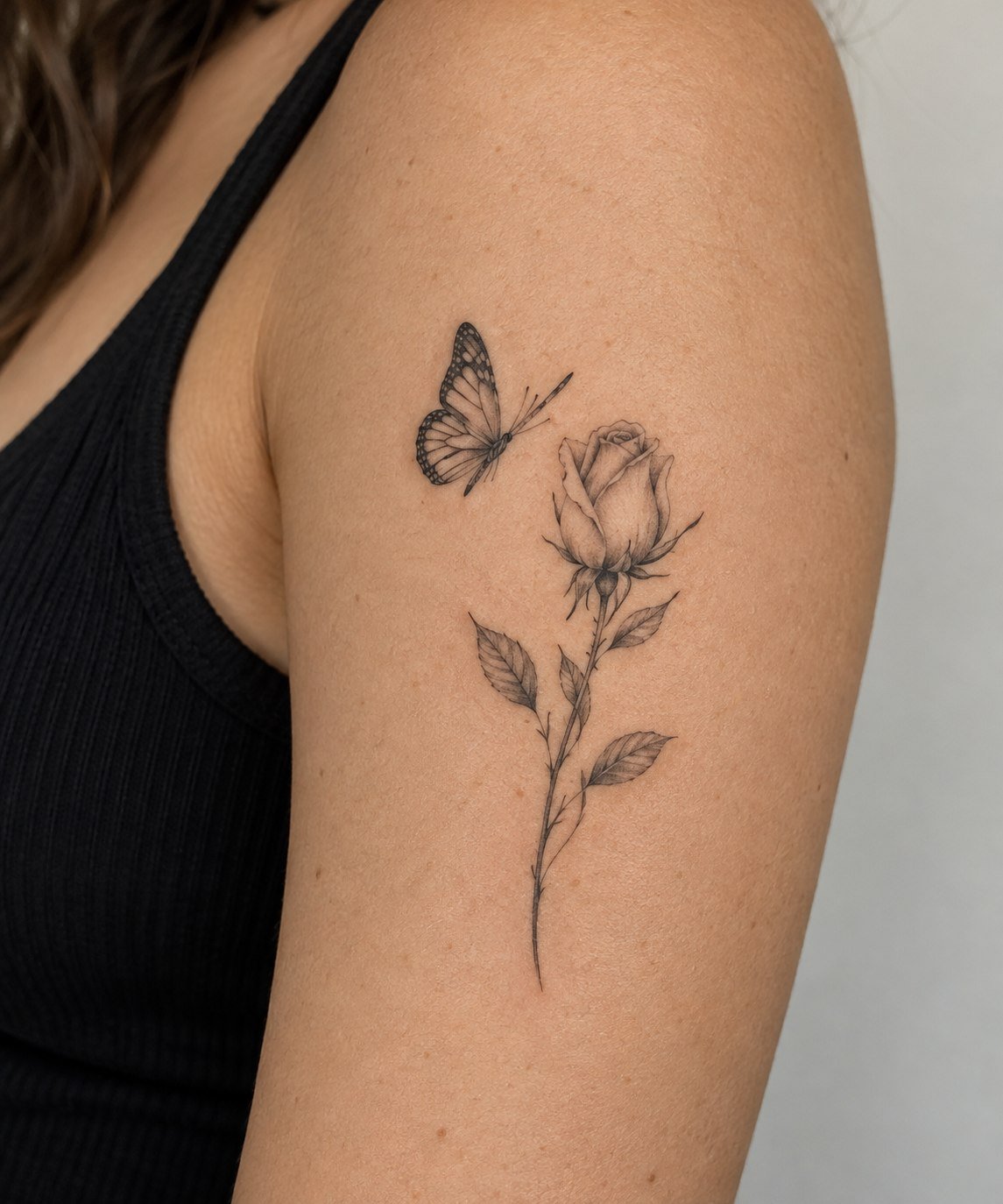 Fine-line butterfly beside a small rosebud tattoo.