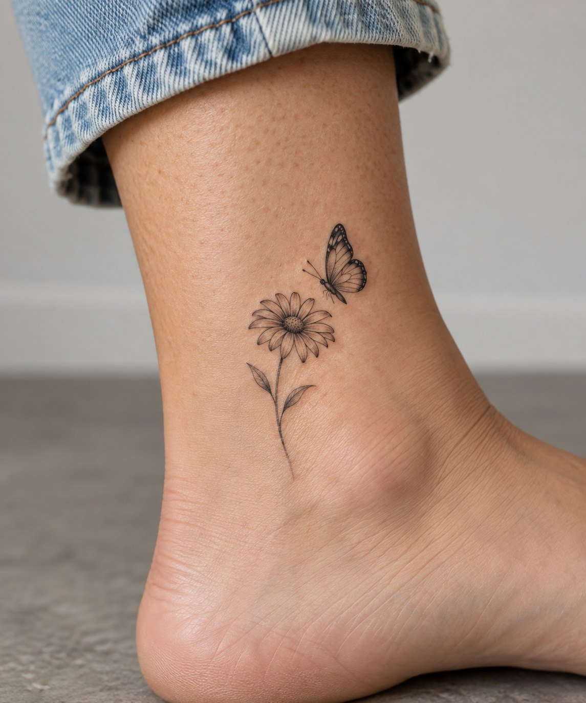 Small butterfly and daisy tattoo on the ankle.