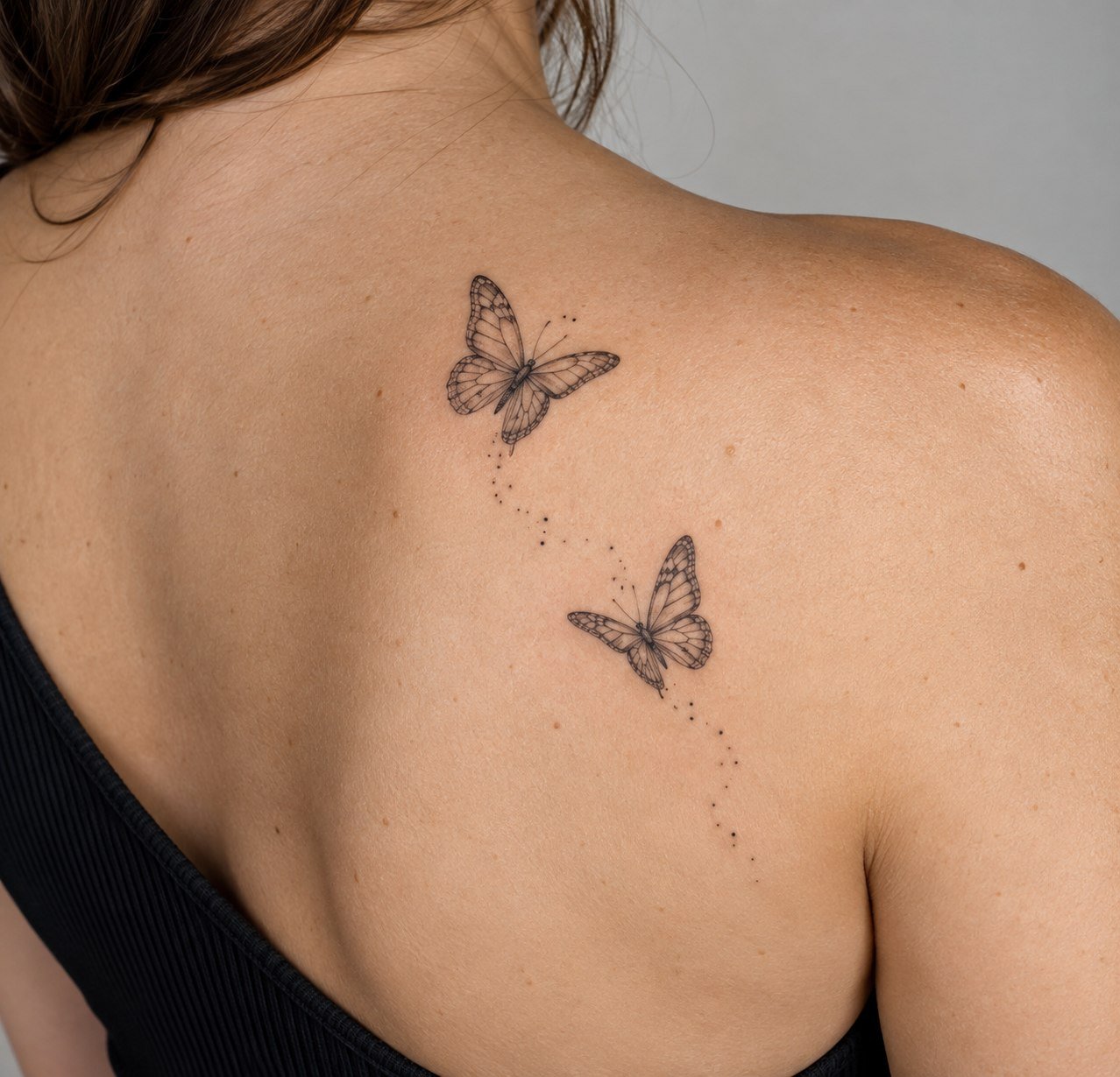 Two delicate butterfly tattoos with a dotted trail.