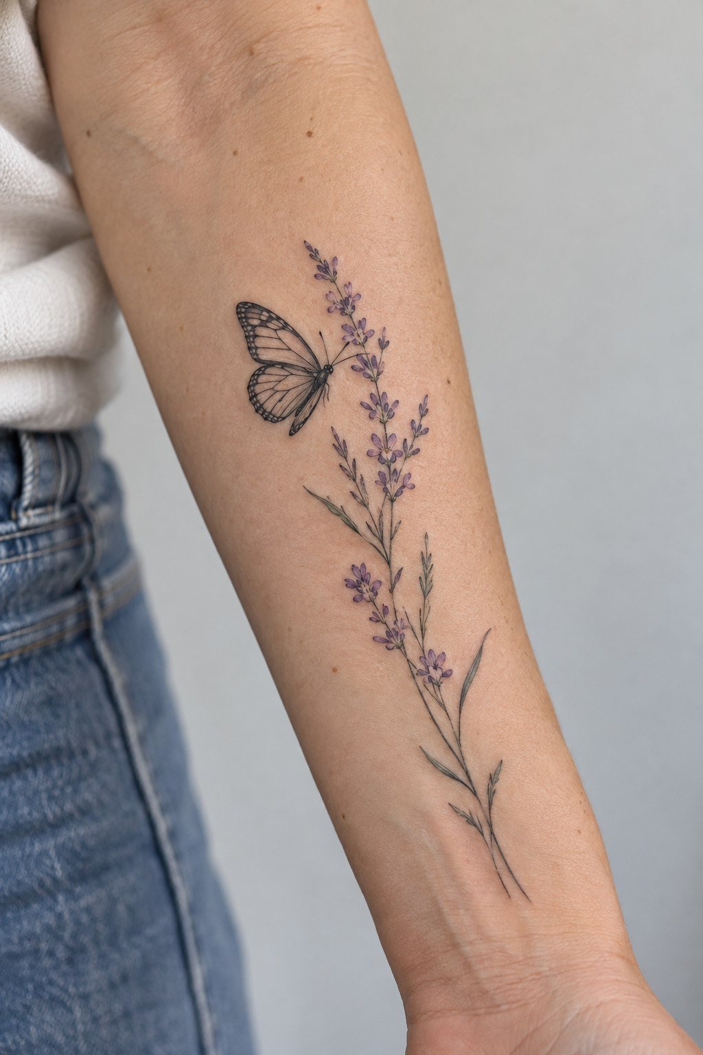 Butterfly hovering over a lavender sprig tattoo.