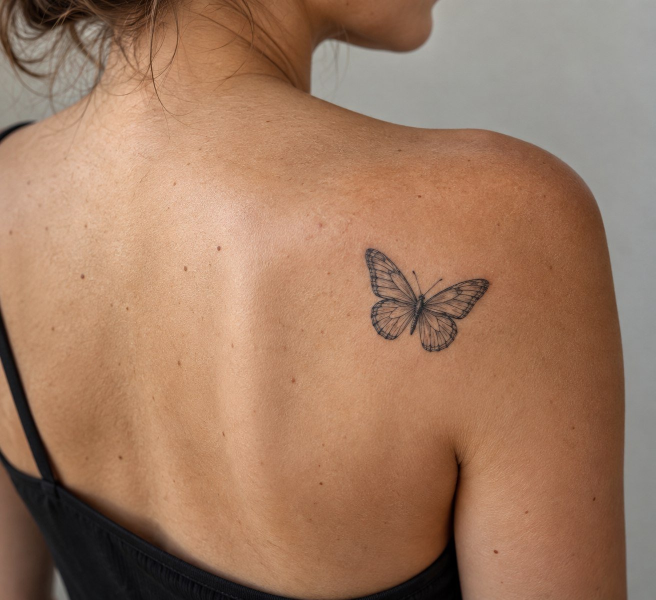 Fine-line butterfly tattoo on the shoulder blade.