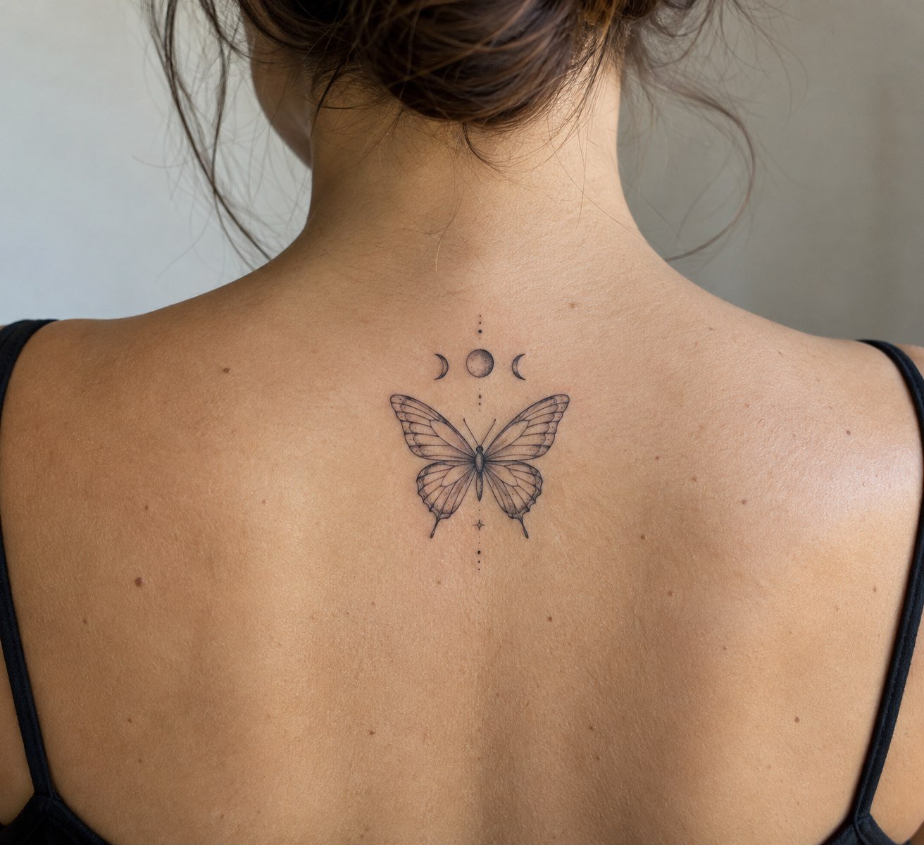 Butterfly tattoo beneath a row of tiny moon phases.
