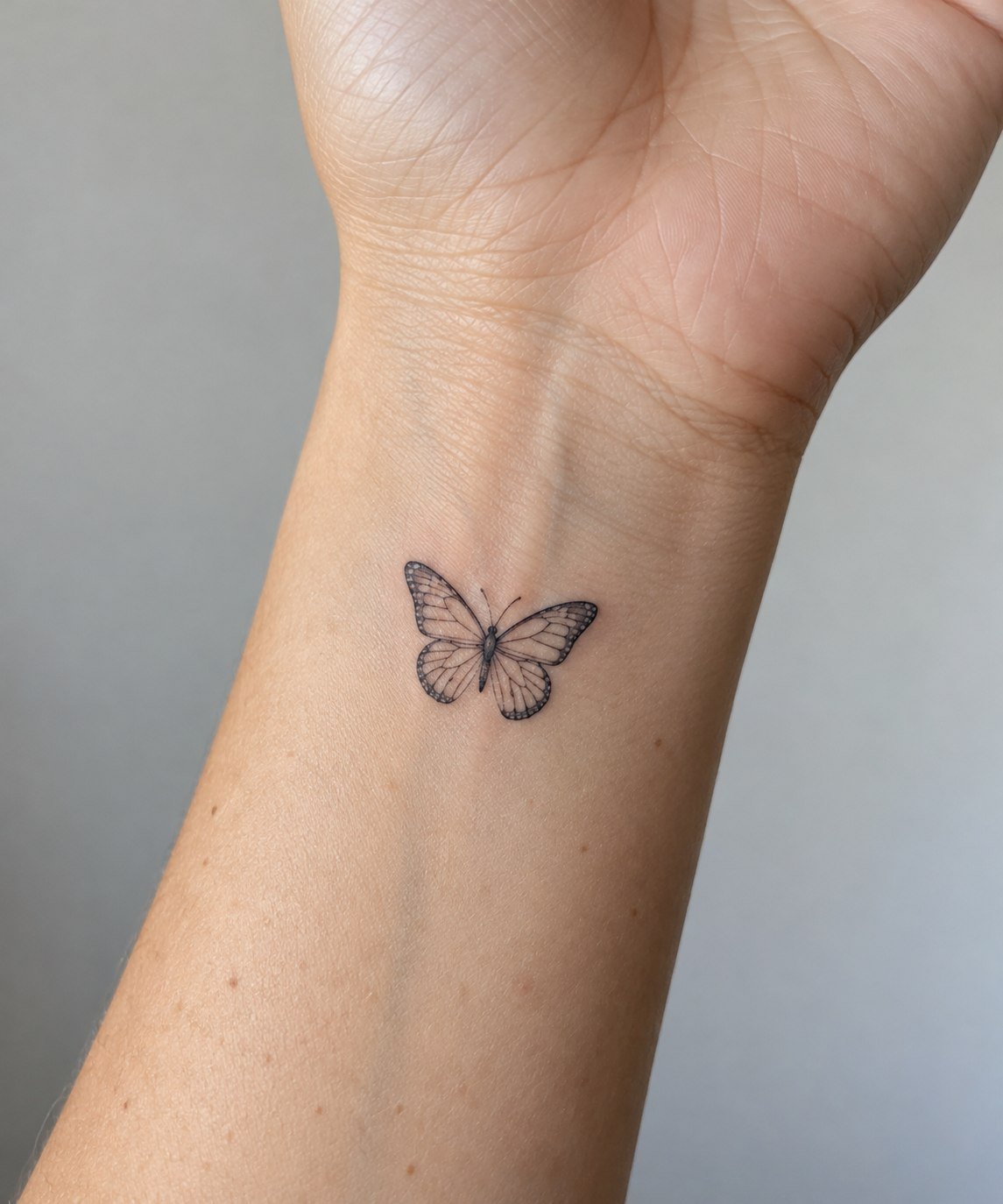 Minimal butterfly outline tattoo on the inner wrist.