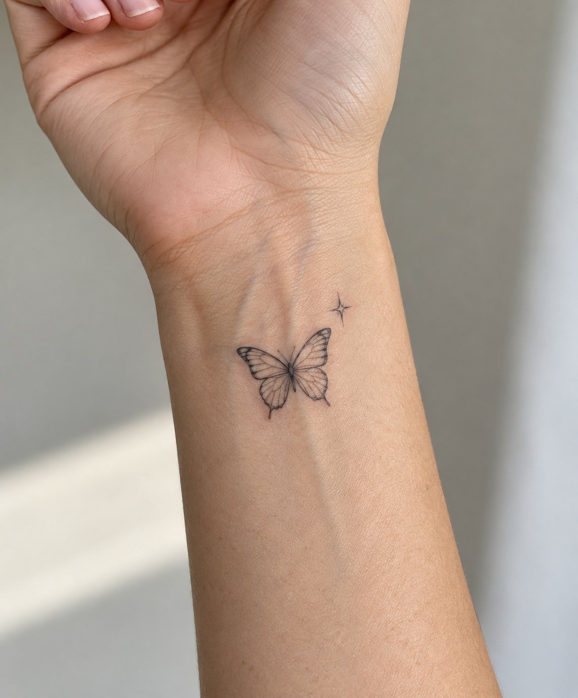Small butterfly and star wrist tattoo in fine-line black ink.