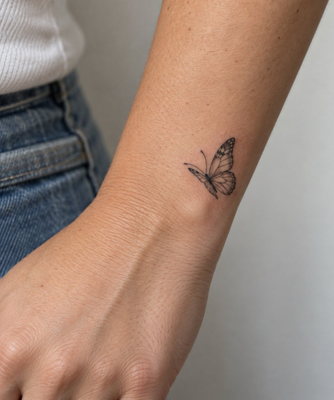 Sideways butterfly tattoo in flight on the outer wrist.