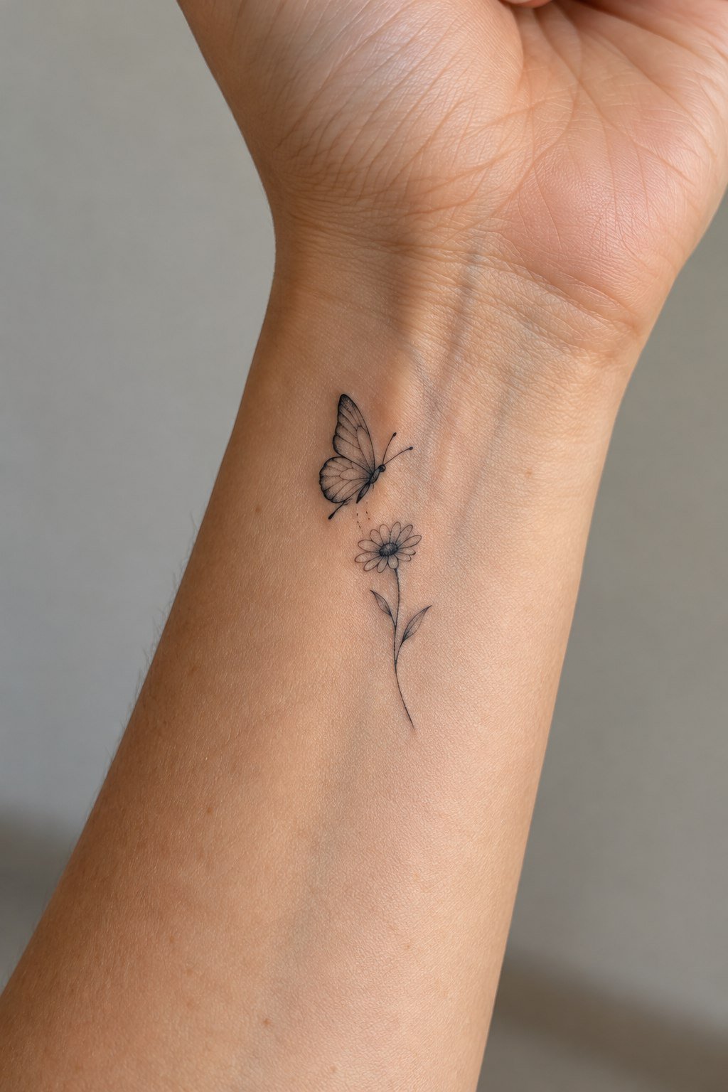 Small butterfly and daisy tattoo on the inner wrist.