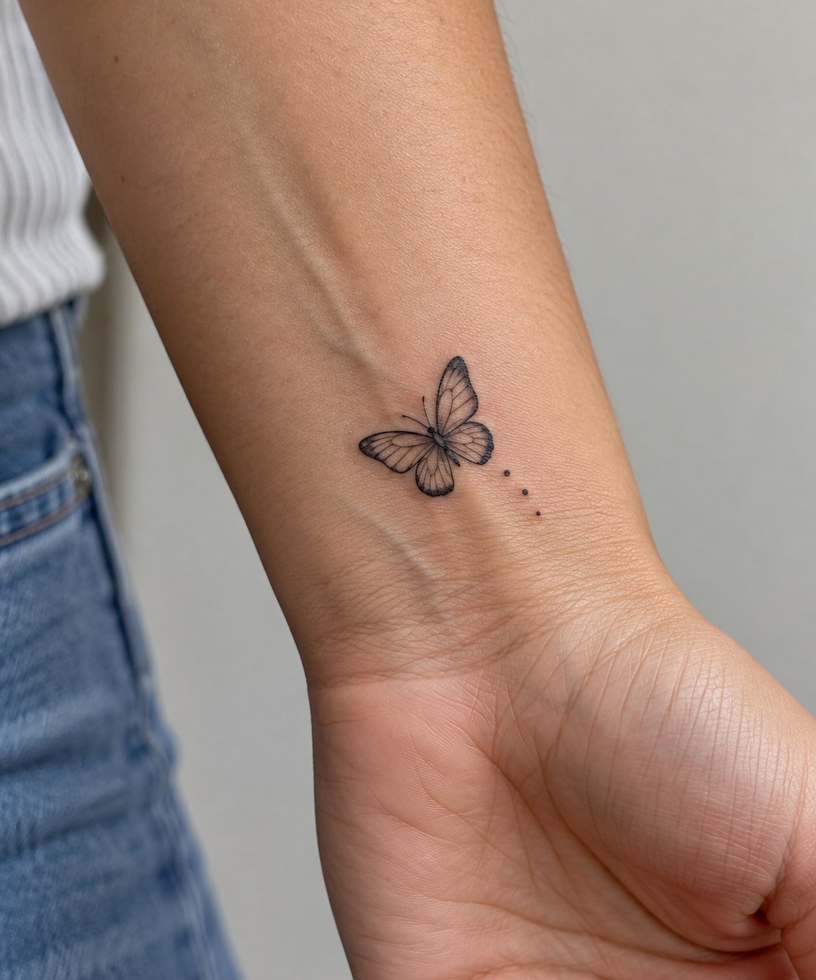 Minimal butterfly wrist tattoo with a short dotted trail.