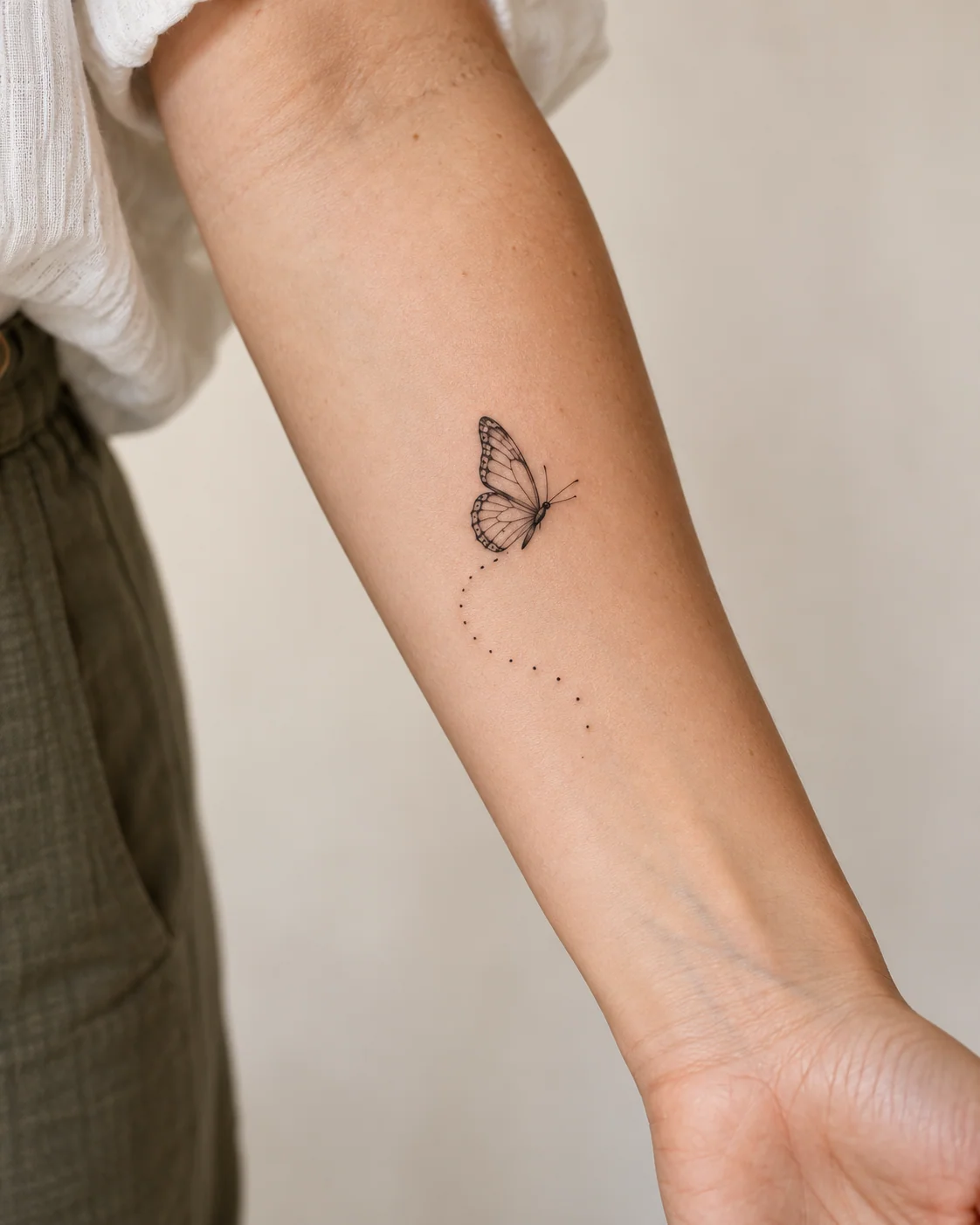 Butterfly with Dotted Flight Path fine line tattoo concept on the inner forearm
