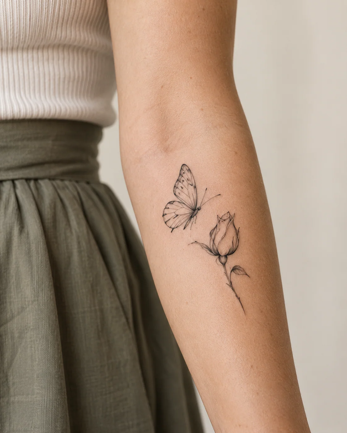 Butterfly Beside a Rosebud fine line tattoo concept on the outer forearm