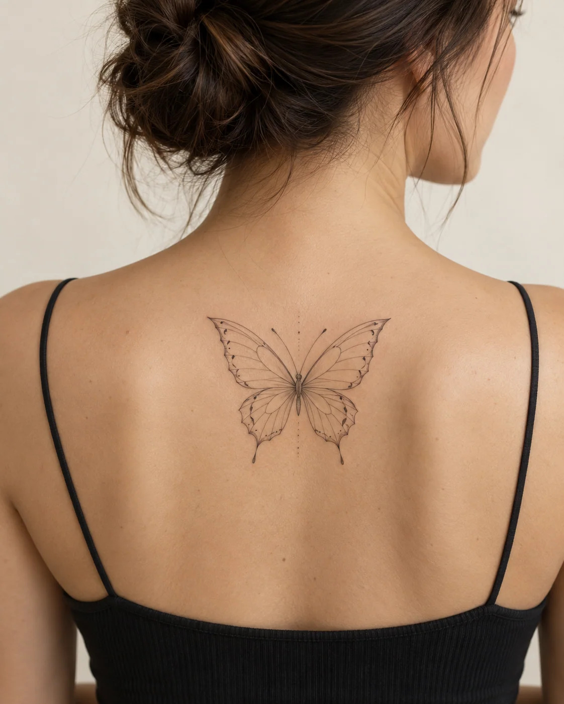 Centered Shoulder-Blade Butterfly fine line tattoo concept on the upper shoulder blade above a modest top