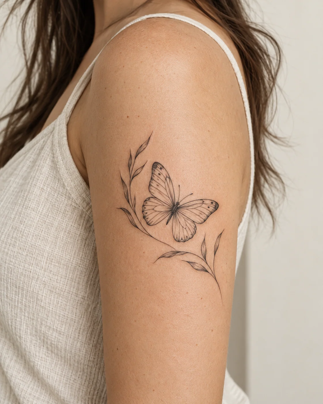 Butterfly with Fine Leaf Framing fine line tattoo concept on the outer upper arm