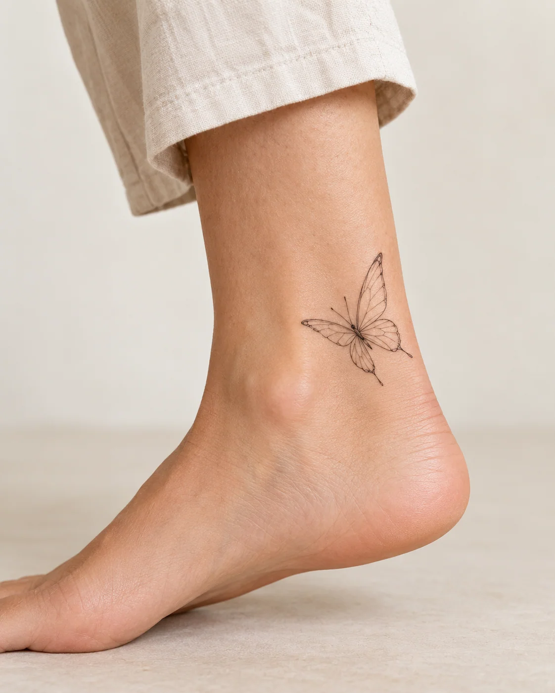 Diagonal Butterfly at the Ankle fine line tattoo concept on the outer ankle