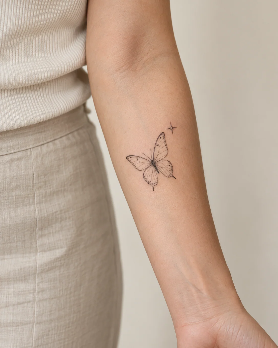 Butterfly and Tiny Star fine line tattoo concept on the inner forearm