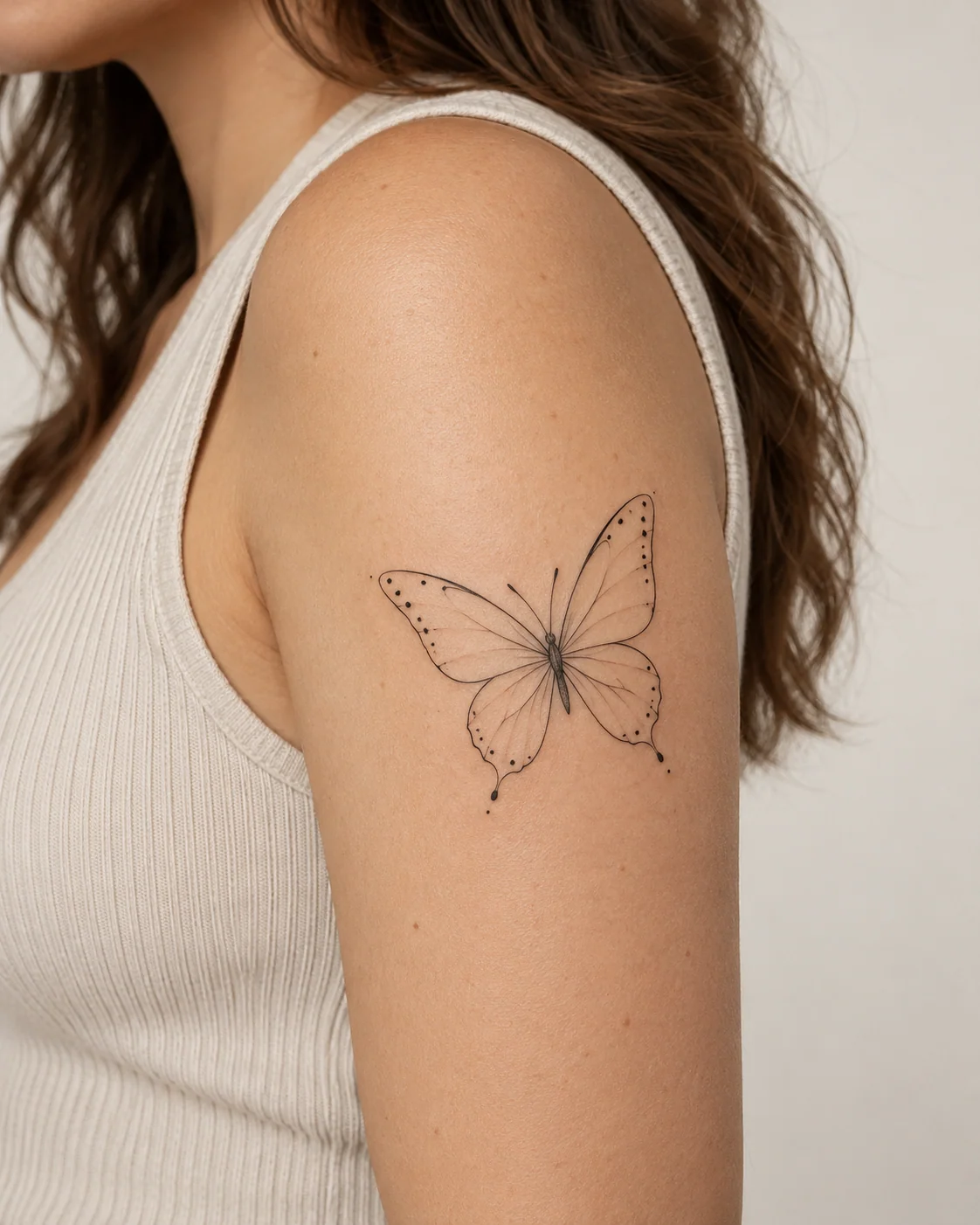 Butterfly with Wing-Edge Dots fine line tattoo concept on the outer upper arm